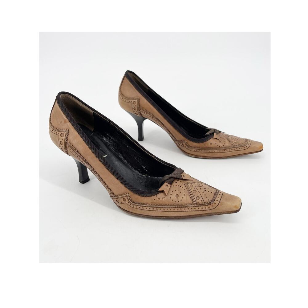 Vintage Prada Brown Leather Bow Trim Brogue Pointed Toe Mid Heel Pumps 36.5